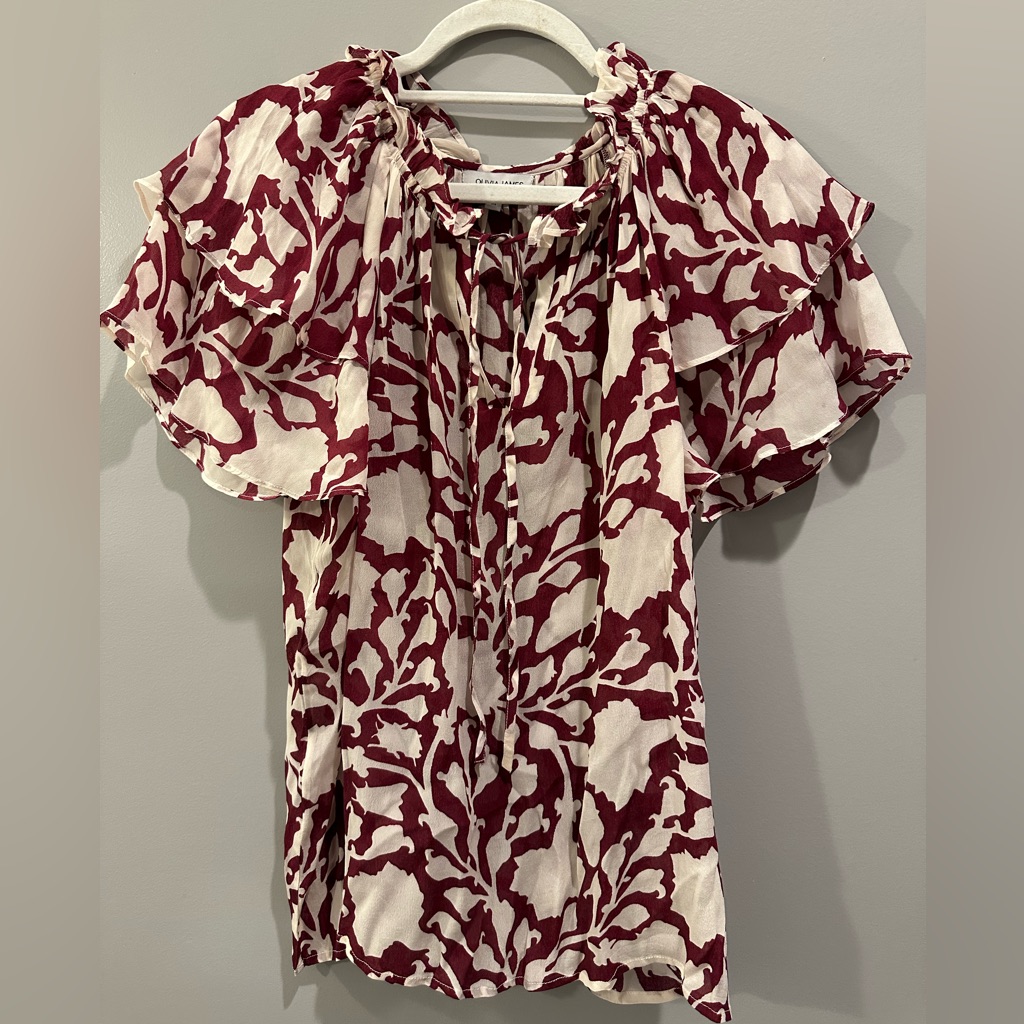 Olivia James The Label Floral Ruffle Sleeve Blouse Size M Maroon And Beige